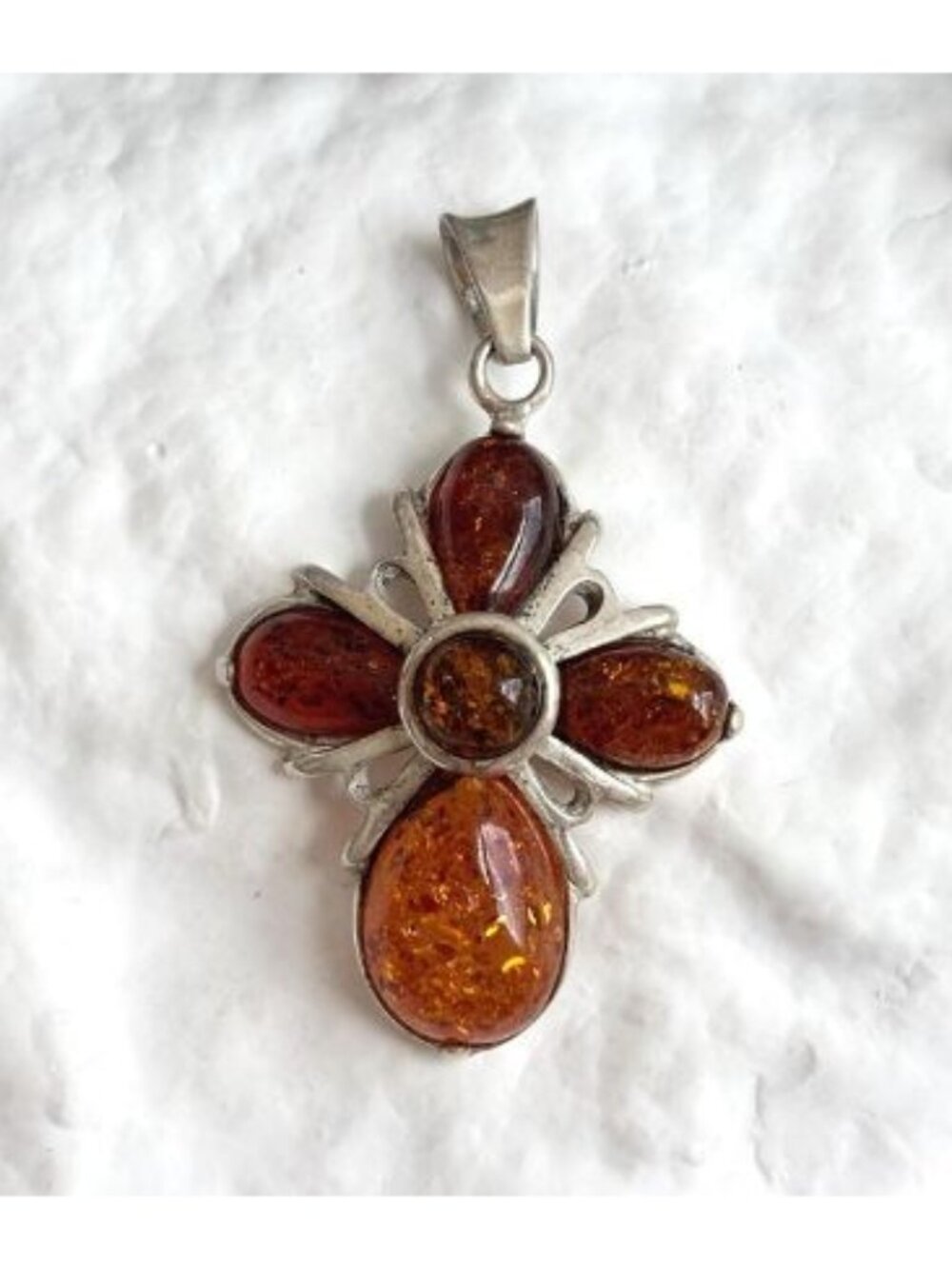 Baltic Amber Stone Jumbo Cross Shaped Sterling Silver 925 Vintage Pendant